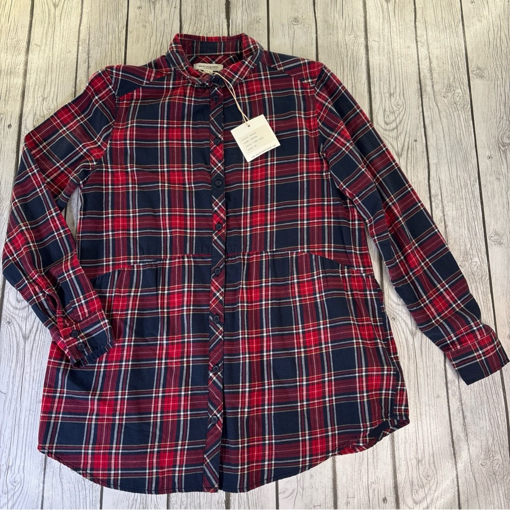 Beach Lunch Lounge Women XS/ TP Plaid Flannel Shirt L/S Ruby Navy Sandie NWT.